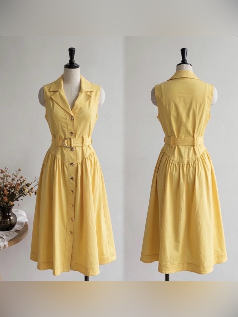 Sleeveless Yellow Button-Front Midi Dress with Belt